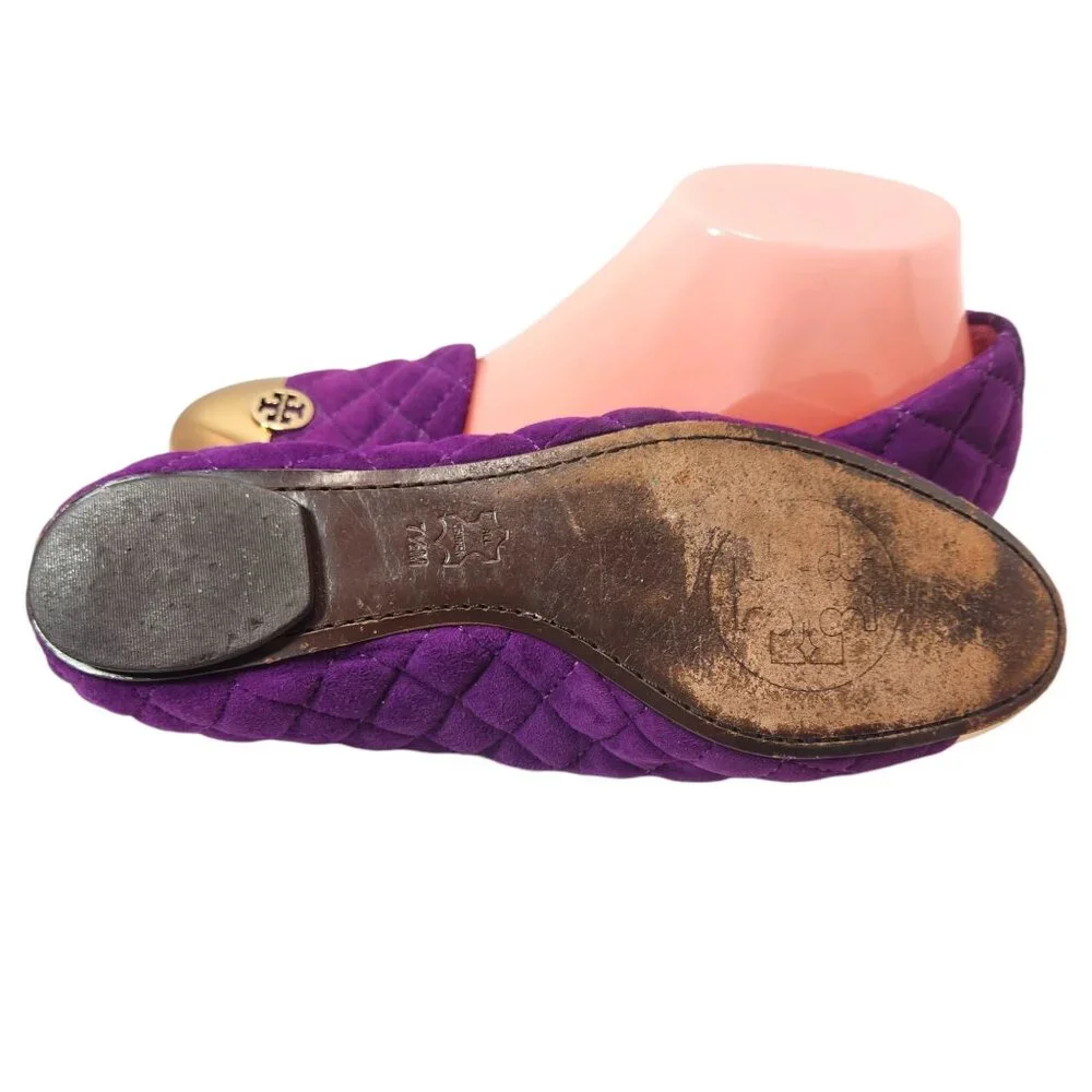 Tory Burch Quilted Purple Suede Flats with Gold Cap Toe
